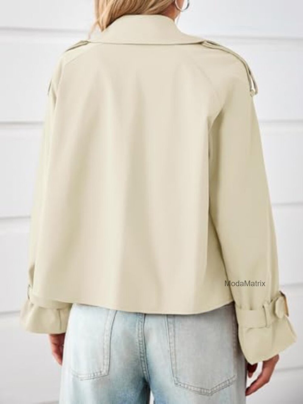 Cropped Trench Coat Oversized Double Breasted Lapel Long Sleeve Short Jacket - Picture 6 of 7